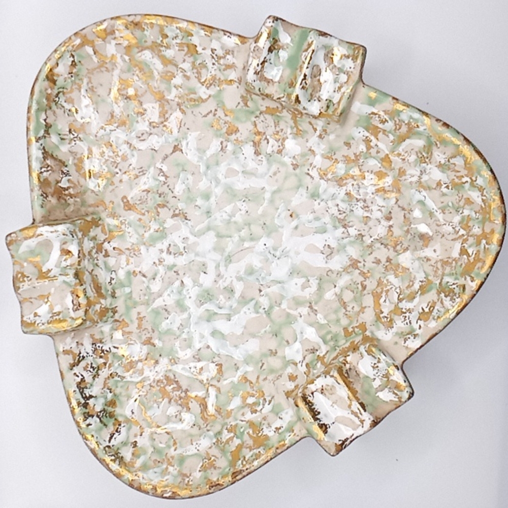 Large Vintage MCM 70s Ash/Trinket Tray Gold, White and Turquoise